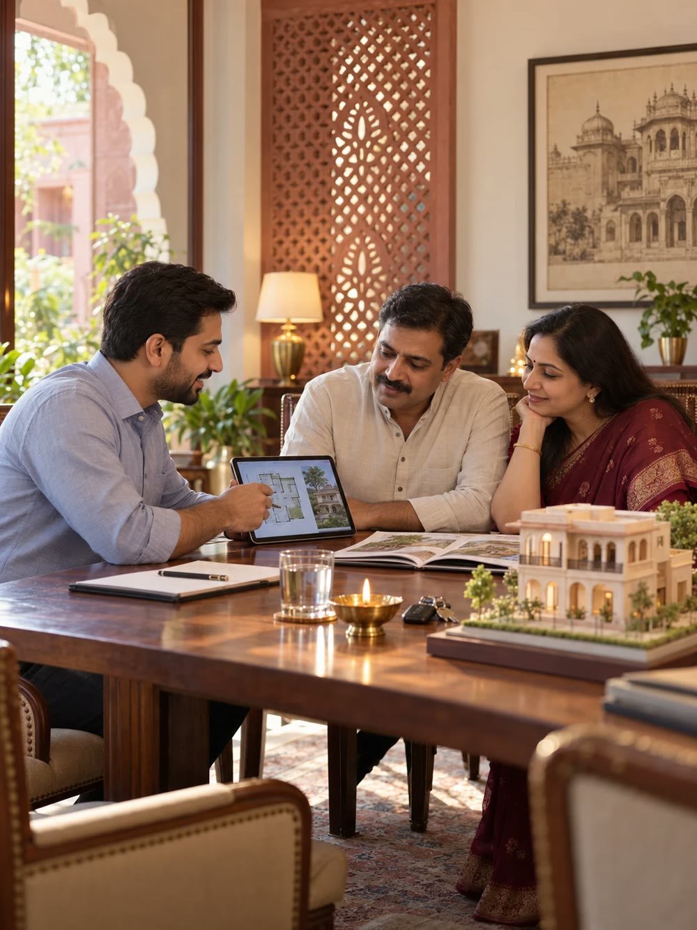 Dream Haveli advisor showing a floor plan to a family in Jaipur