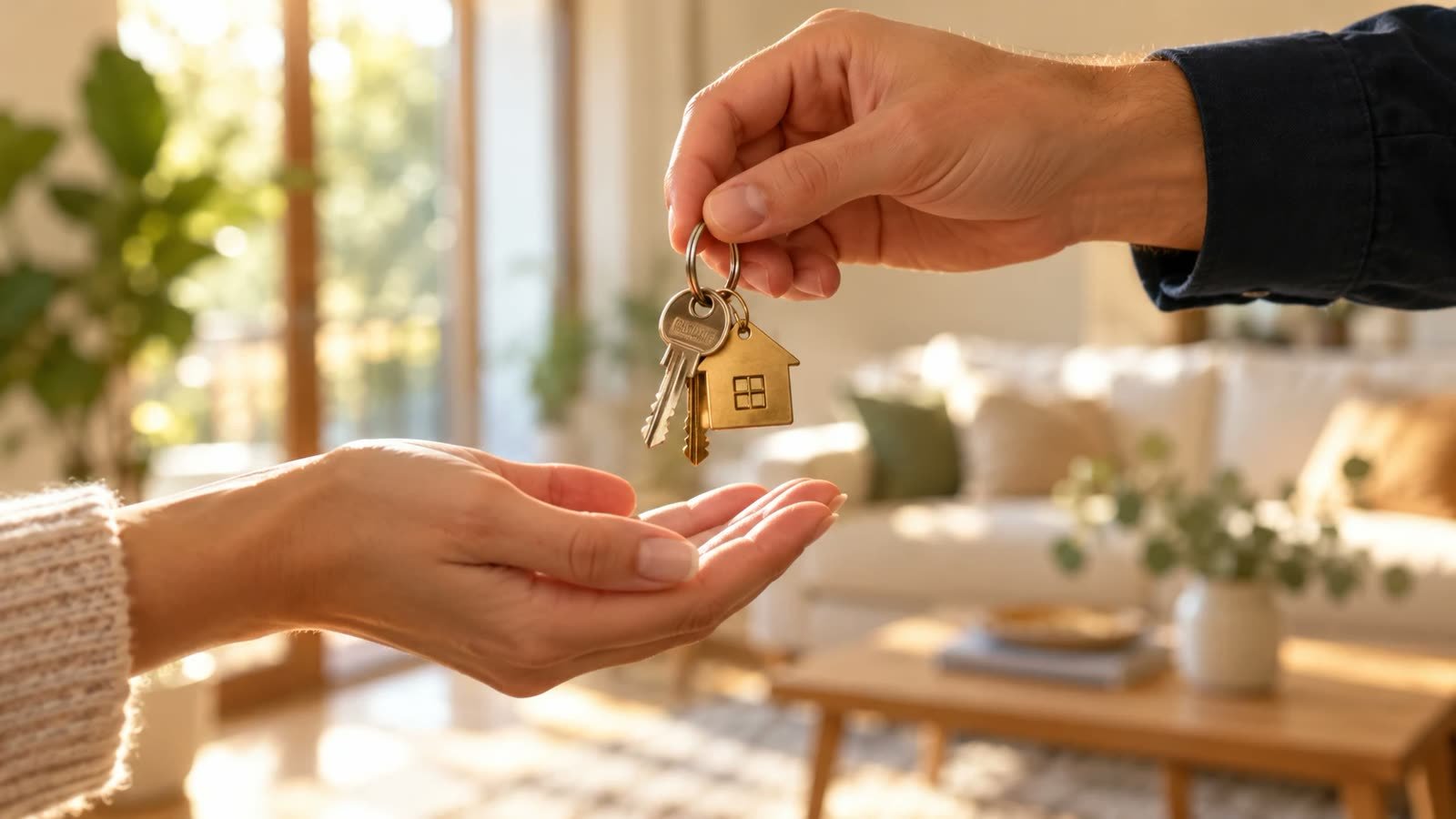 Hands handing over house keys with a house-shaped keychain in a bright living room