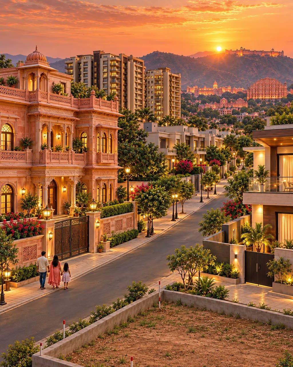 Jaipur neighbourhood at sunset with a pink sandstone kothi, a modern villa, apartment towers, an open plot and the Aravalli hills