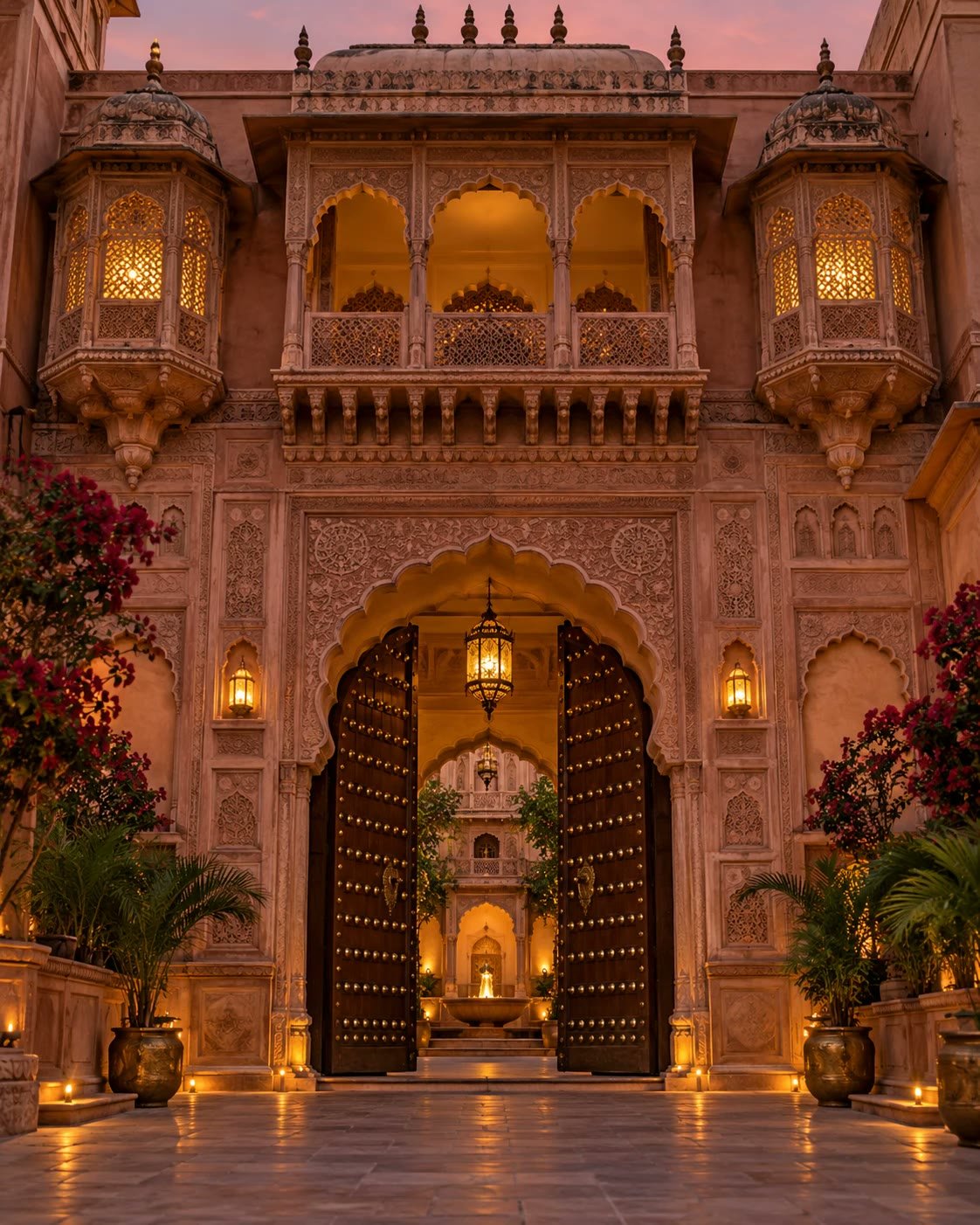 Carved pink sandstone haveli gateway with jharokha balconies and lanterns glowing at dusk