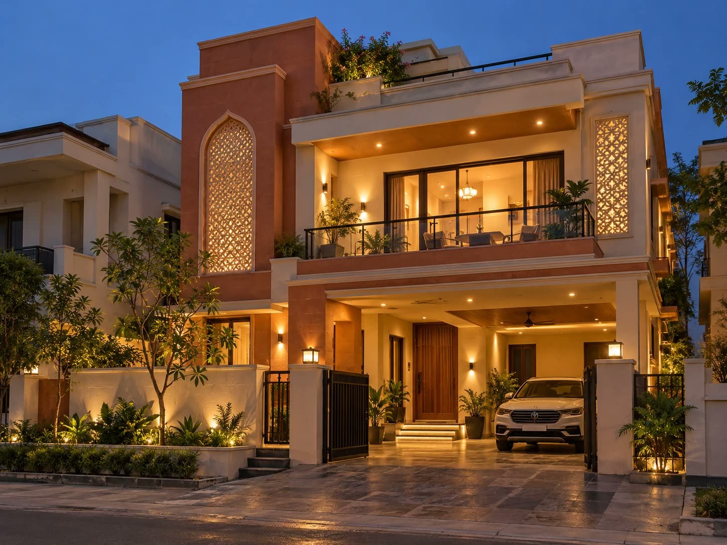 Independent kothi with jali screen and covered porch in a Jaipur-style residential street at dusk